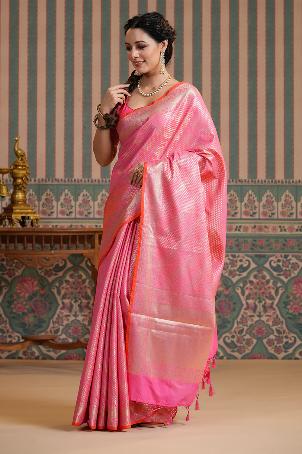 Coral Color Woven Silk Saree