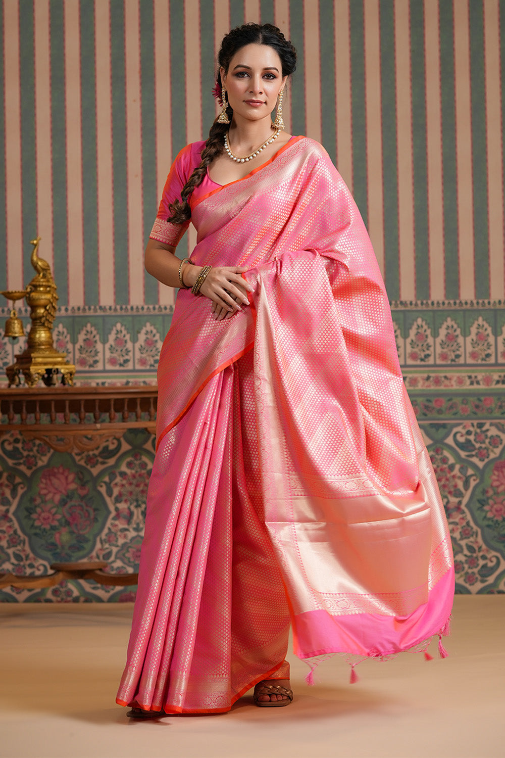 Coral Color Woven Silk Saree