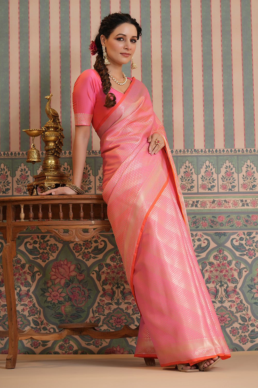 Coral Color Woven Silk Saree