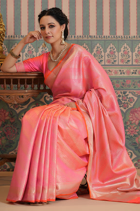 Coral Color Woven Silk Saree