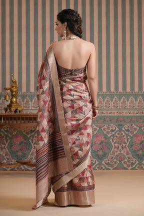 Beige & Wine Color Tussar Silk Printed Saree