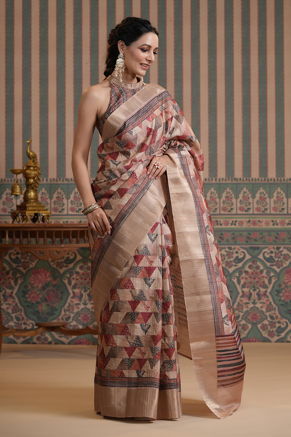 Beige & Wine Color Tussar Silk Printed Saree