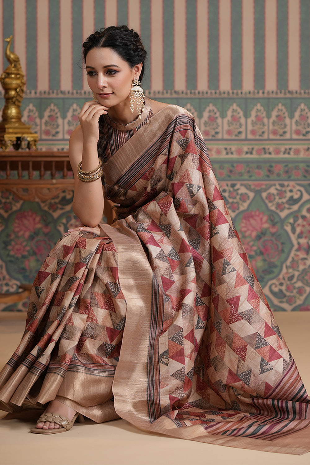 Beige & Wine Color Tussar Silk Printed Saree