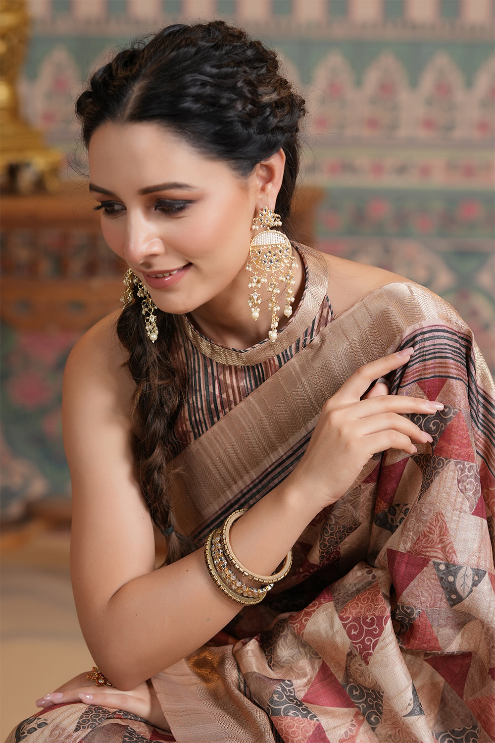 Beige & Wine Color Tussar Silk Printed Saree