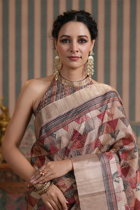 Beige & Wine Color Tussar Silk Printed Saree