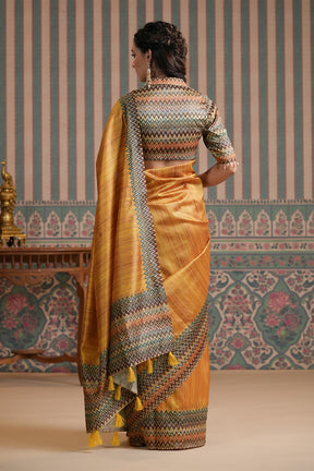 Mustard Color Tussar Silk Printed Saree