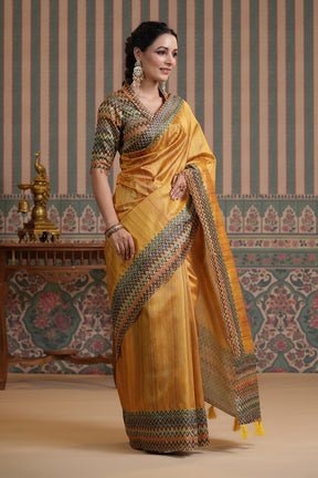 Mustard Color Tussar Silk Printed Saree