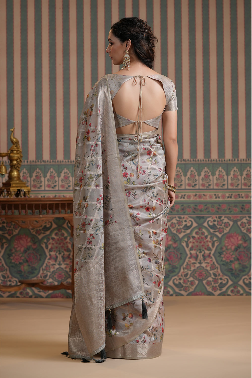 Grey Color Organza Woven Saree