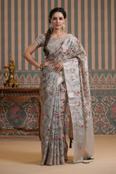 Grey Color Organza Woven Saree