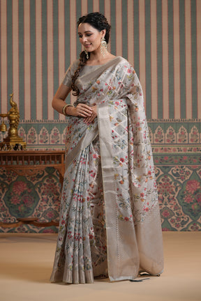 Grey Color Organza Woven Saree