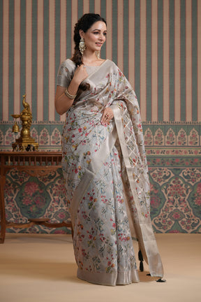 Grey Color Organza Woven Saree