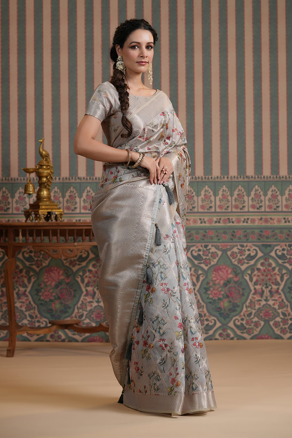 Grey Color Organza Woven Saree