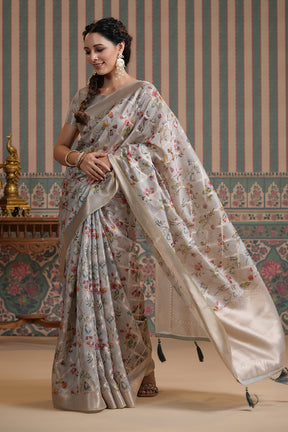 Grey Color Organza Woven Saree