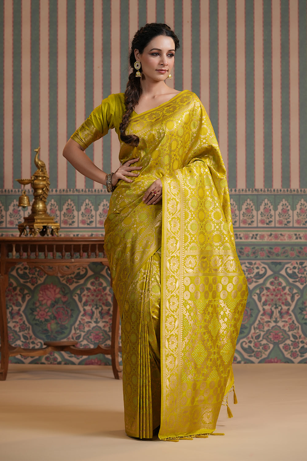 Slime Green Color Woven Silk Saree