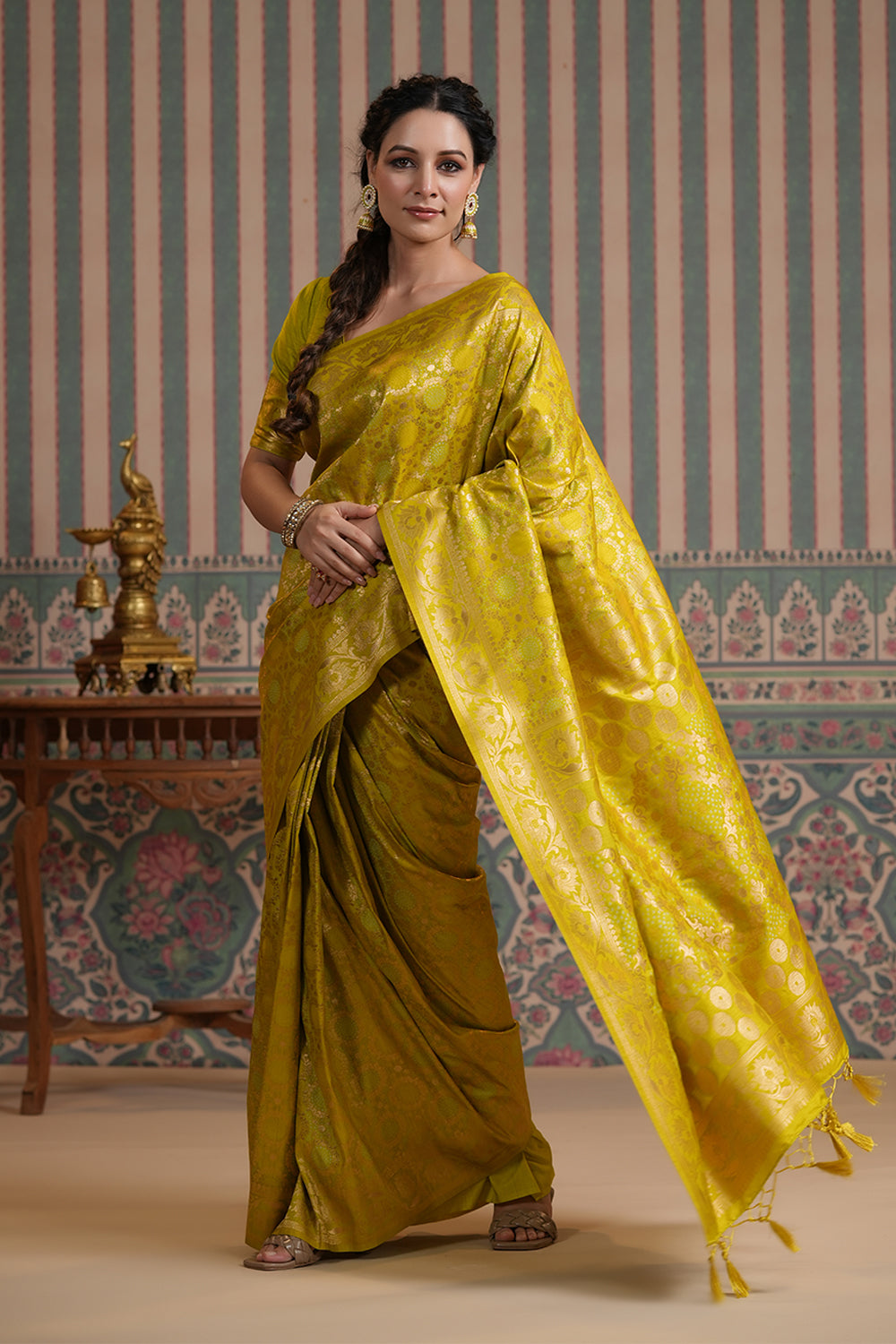 Slime Green Color Woven Silk Saree