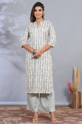 Cream & Green Color Cotton Printed kurta set