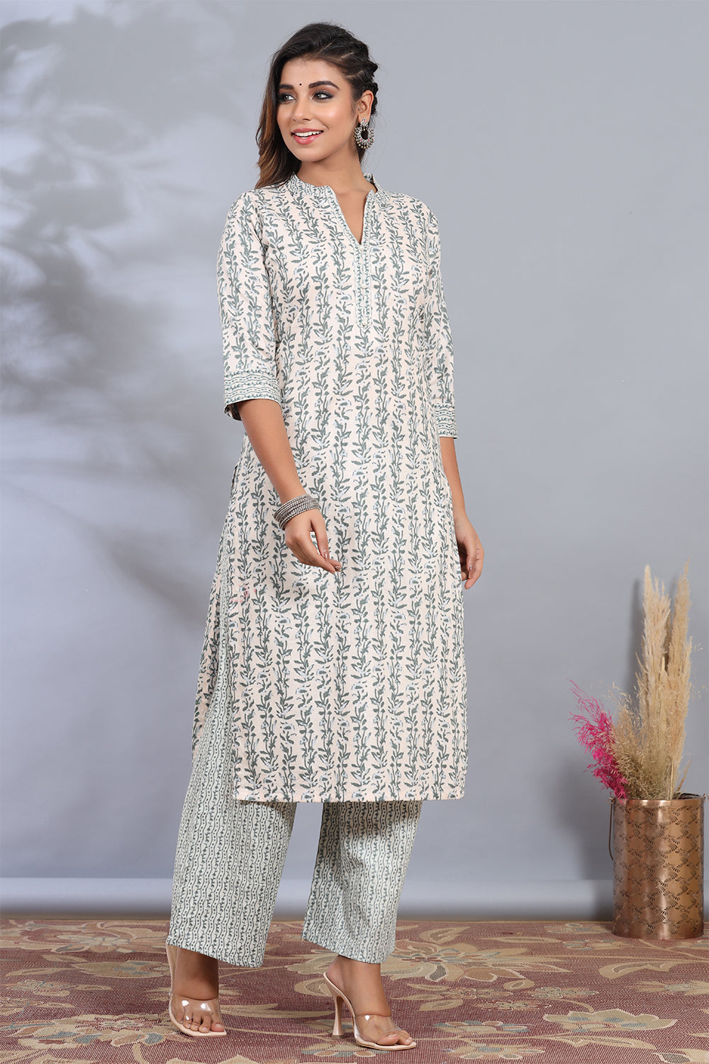 Cream & Green Color Cotton Printed kurta set