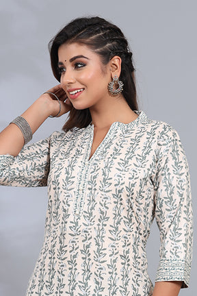 Cream & Green Color Cotton Printed kurta set