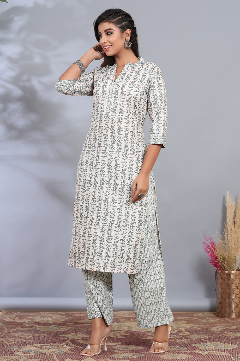 Cream & Green Color Cotton Printed kurta set