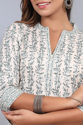Cream & Green Color Cotton Printed kurta set