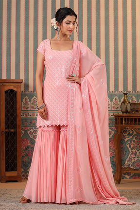 Pink Color Georgette Embroidered Gharara Suit