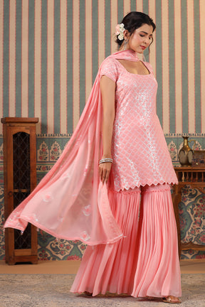 Pink Color Georgette Embroidered Gharara Suit