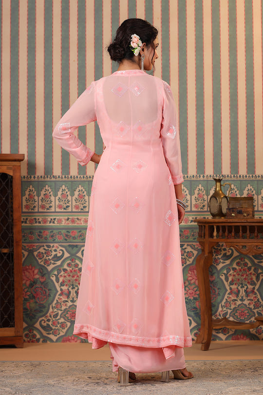 Pink Color Georgette Embroidered Crop-Top With Shrug & Skirt