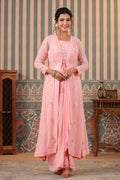 Pink Color Georgette Embroidered Crop-Top With Shrug & Skirt