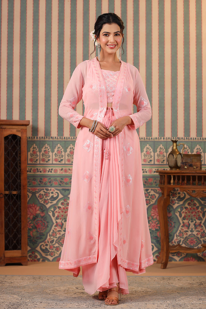 Pink Color Georgette Embroidered Crop-Top With Shrug Skirt