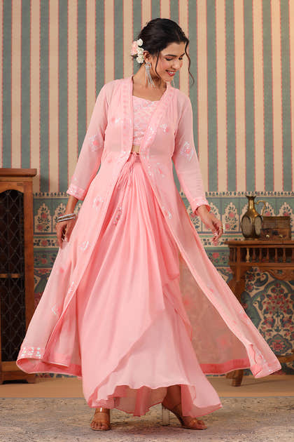 Pink Color Georgette Embroidered Crop-Top With Shrug & Skirt