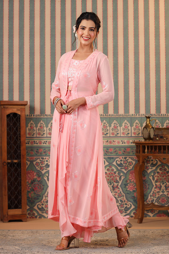 Pink Color Georgette Embroidered Crop-Top With Shrug & Skirt