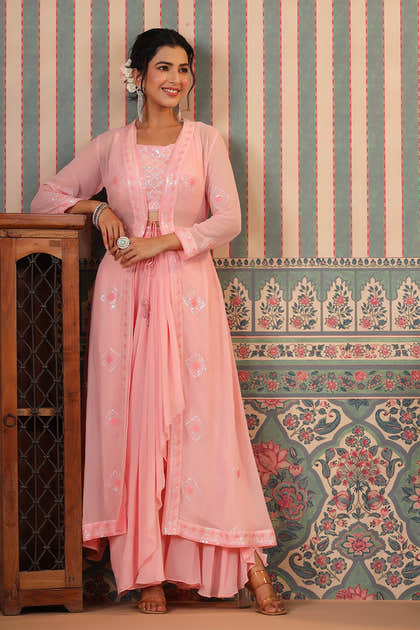 Pink Color Georgette Embroidered Crop-Top With Shrug & Skirt