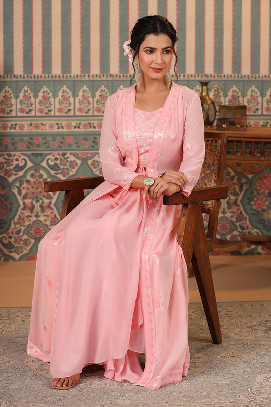 Pink Color Georgette Embroidered Crop-Top With Shrug & Skirt