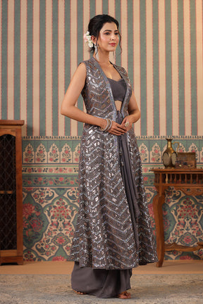 Grey Color Georgette Crop-Top With Shrug & Skirt