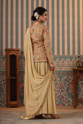 Beige Color Silk embroidered Koti With Sharara Suit Set