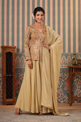 Beige Color Silk embroidered Koti With Sharara Suit Set