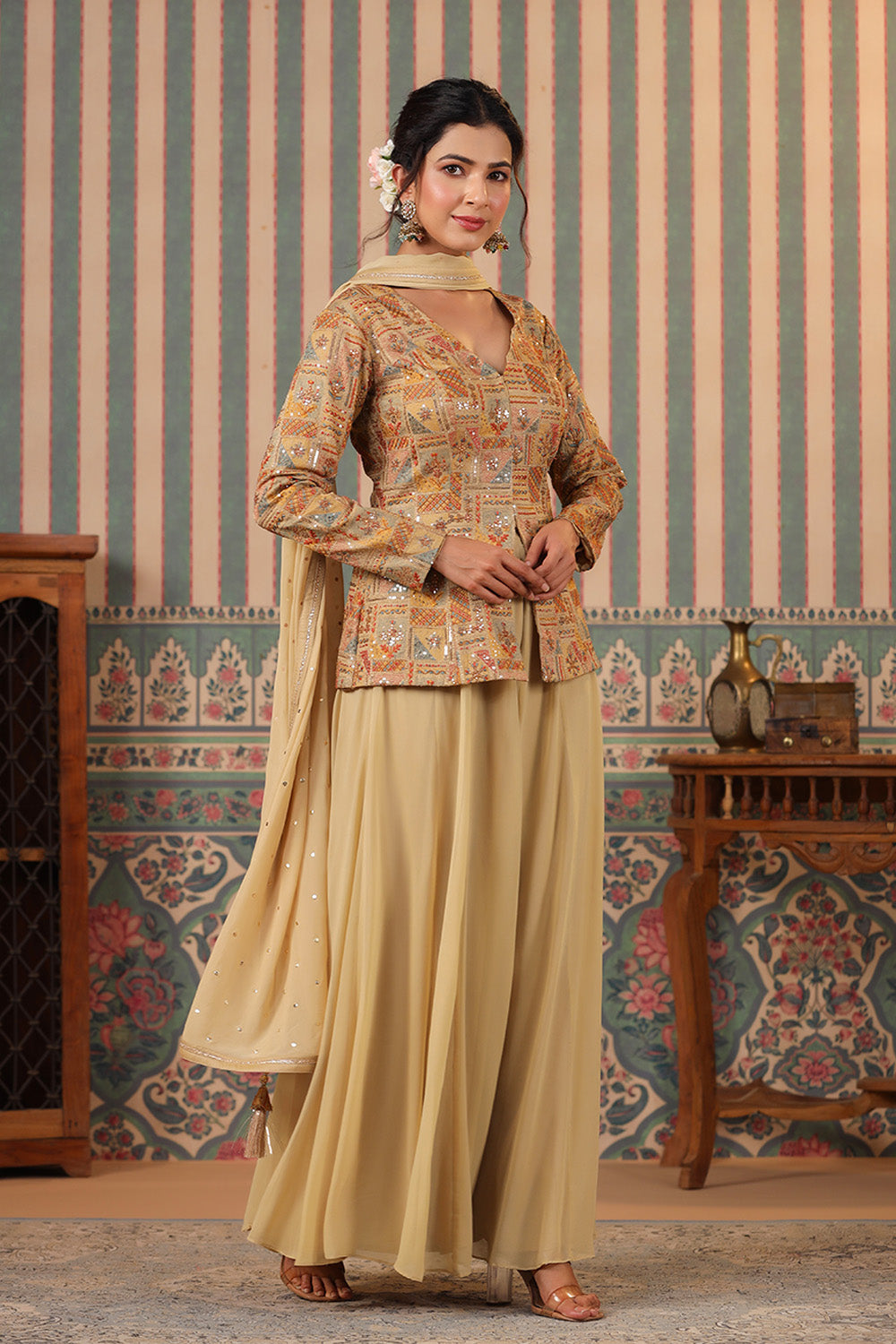 Beige Color Silk embroidered Koti With Sharara Suit Set