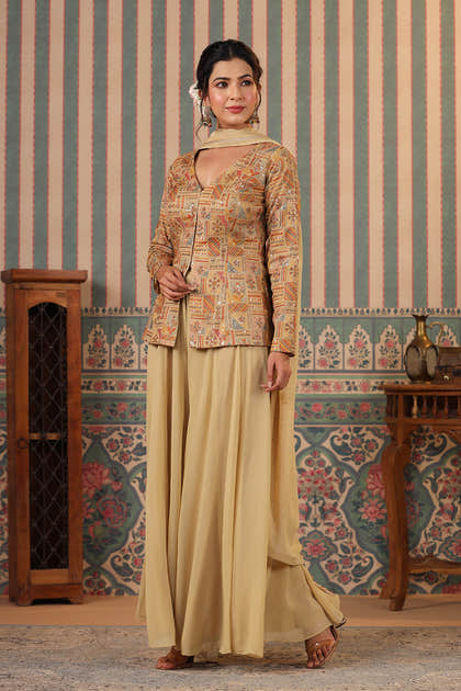 Beige Color Silk embroidered Koti With Sharara Suit Set
