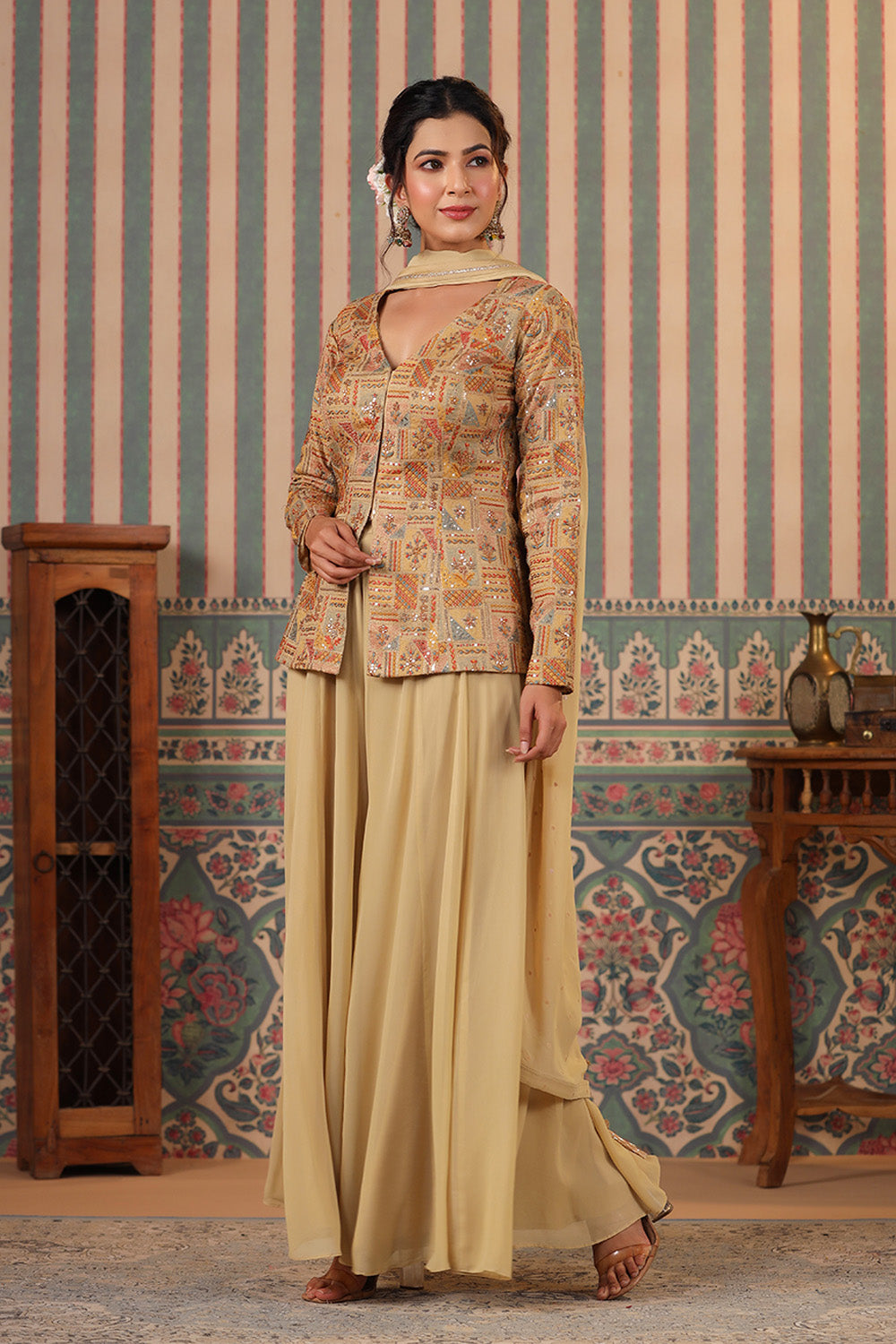 Beige Color Silk embroidered Koti With Sharara Suit Set