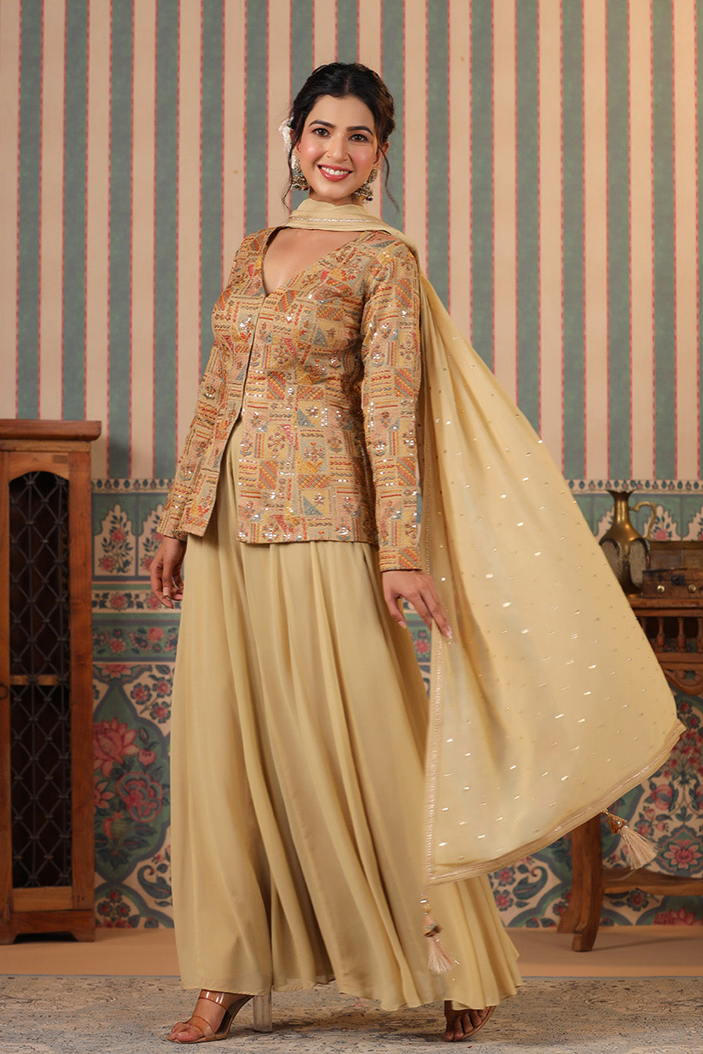 Beige Color Silk embroidered Koti With Sharara Suit Set