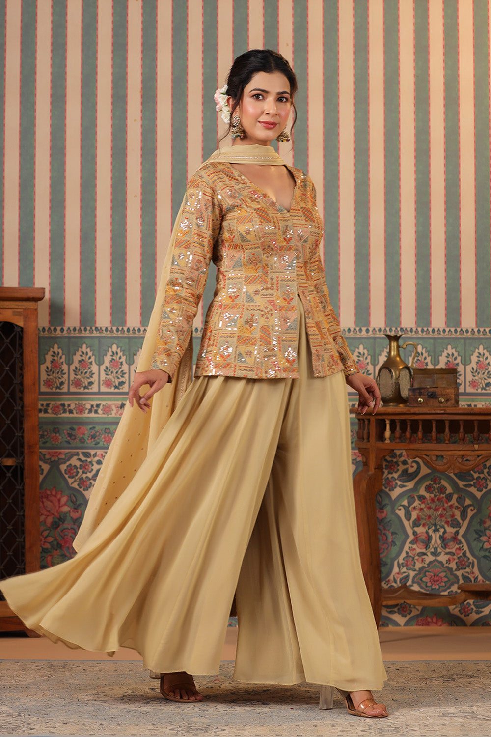 Beige Color Silk embroidered Koti With Sharara Suit Set