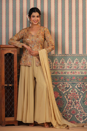 Beige Color Silk embroidered Koti With Sharara Suit Set
