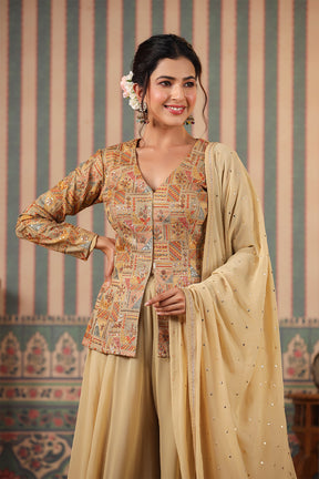 Beige Color Silk embroidered Koti With Sharara Suit Set
