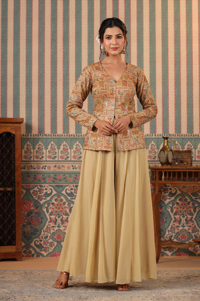 Beige Color Silk embroidered Koti With Sharara Suit Set