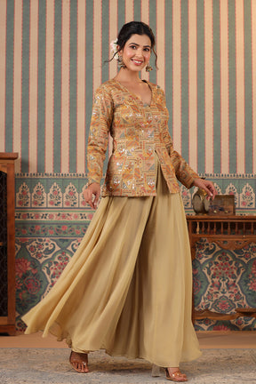 Beige Color Silk embroidered Koti With Sharara Suit Set