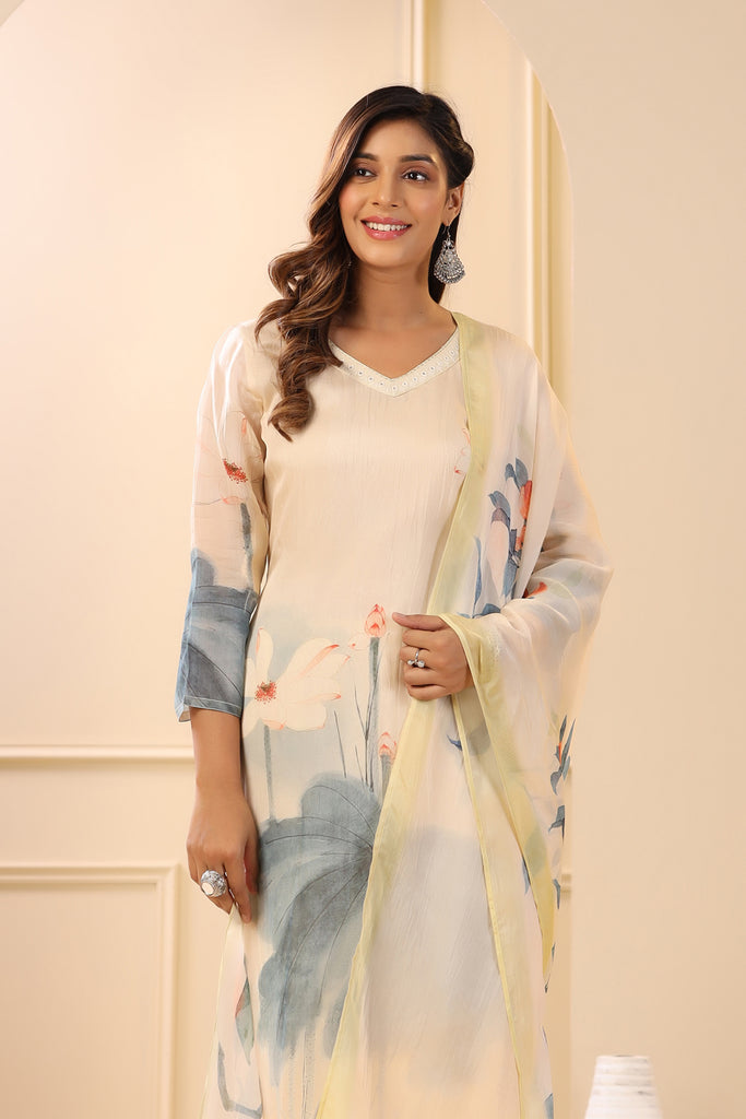 Beige Color Organza Printed Suit