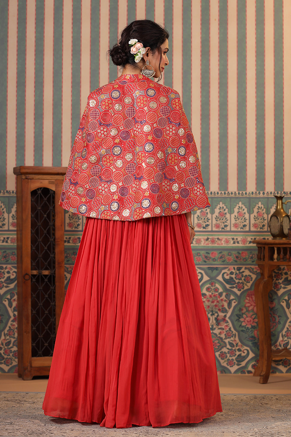 Coral Color Georgette Lehenga with Embroidered Koti