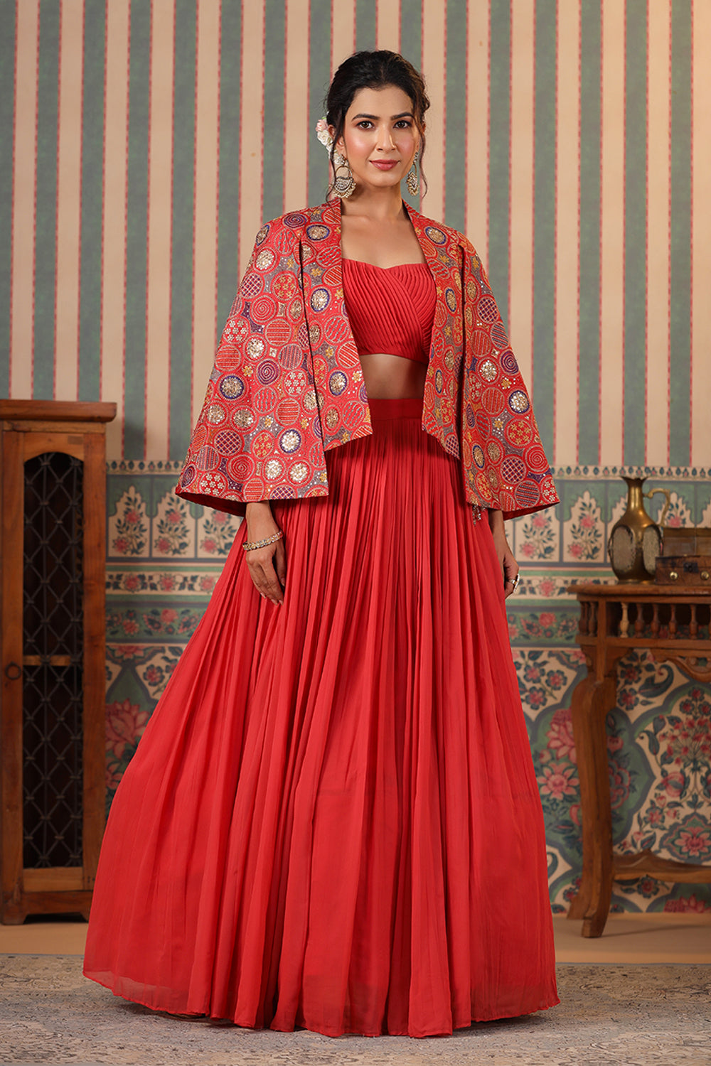 Coral Color Georgette Lehenga with Embroidered Koti