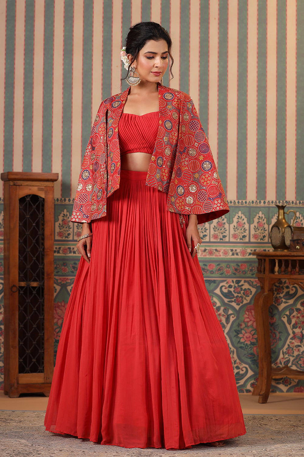 Coral Color Georgette Lehenga with Embroidered Koti