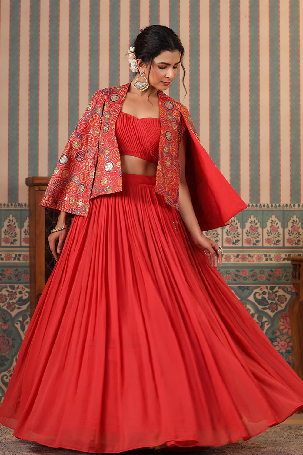 Coral Color Georgette Lehenga with Embroidered Koti